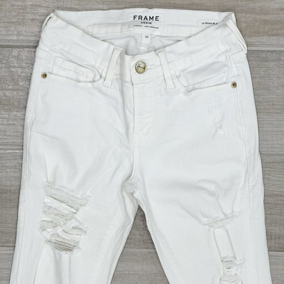 Frame Le Skinny De Jeanne Low-Rise Distressed Jeans in Ripped Blanc White Sz 24 - Picture 5 of 12